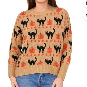 NWT Vince Camuto Pumpkin and Black Cat Autumn Fall Sweater